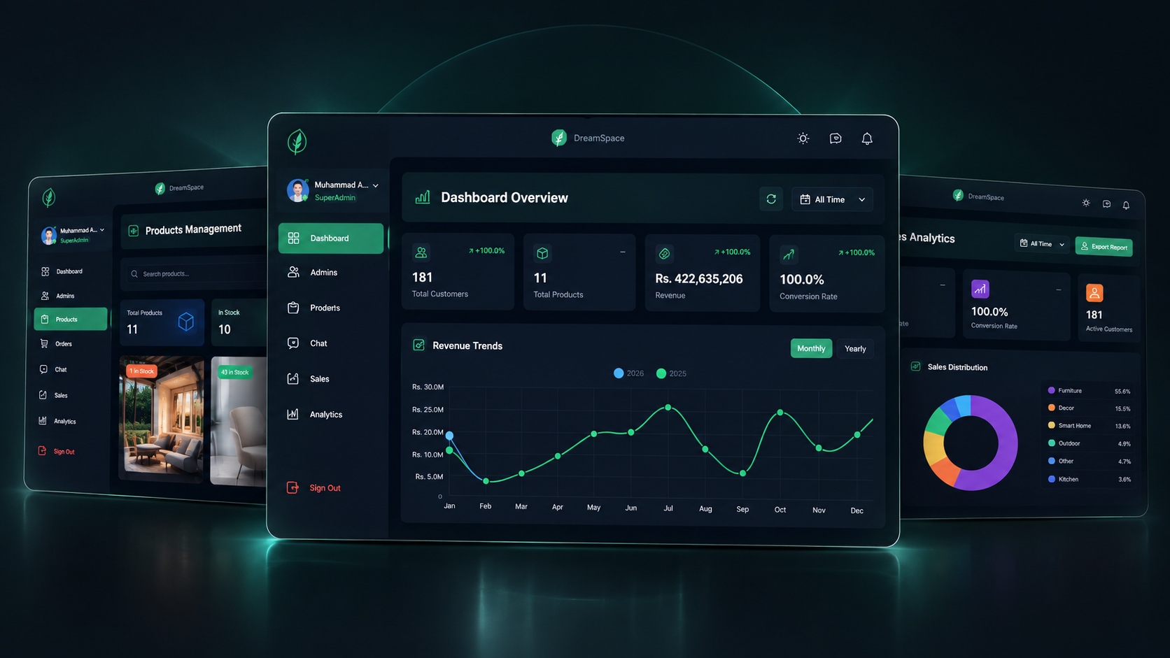 DreamSpace — A two-part spatial commerce architecture: an AR mobile experience for spatial room previews paired with an enterprise web admin dashboard for real-time 3D asset ingestion, catalog curation, and order telemetry.