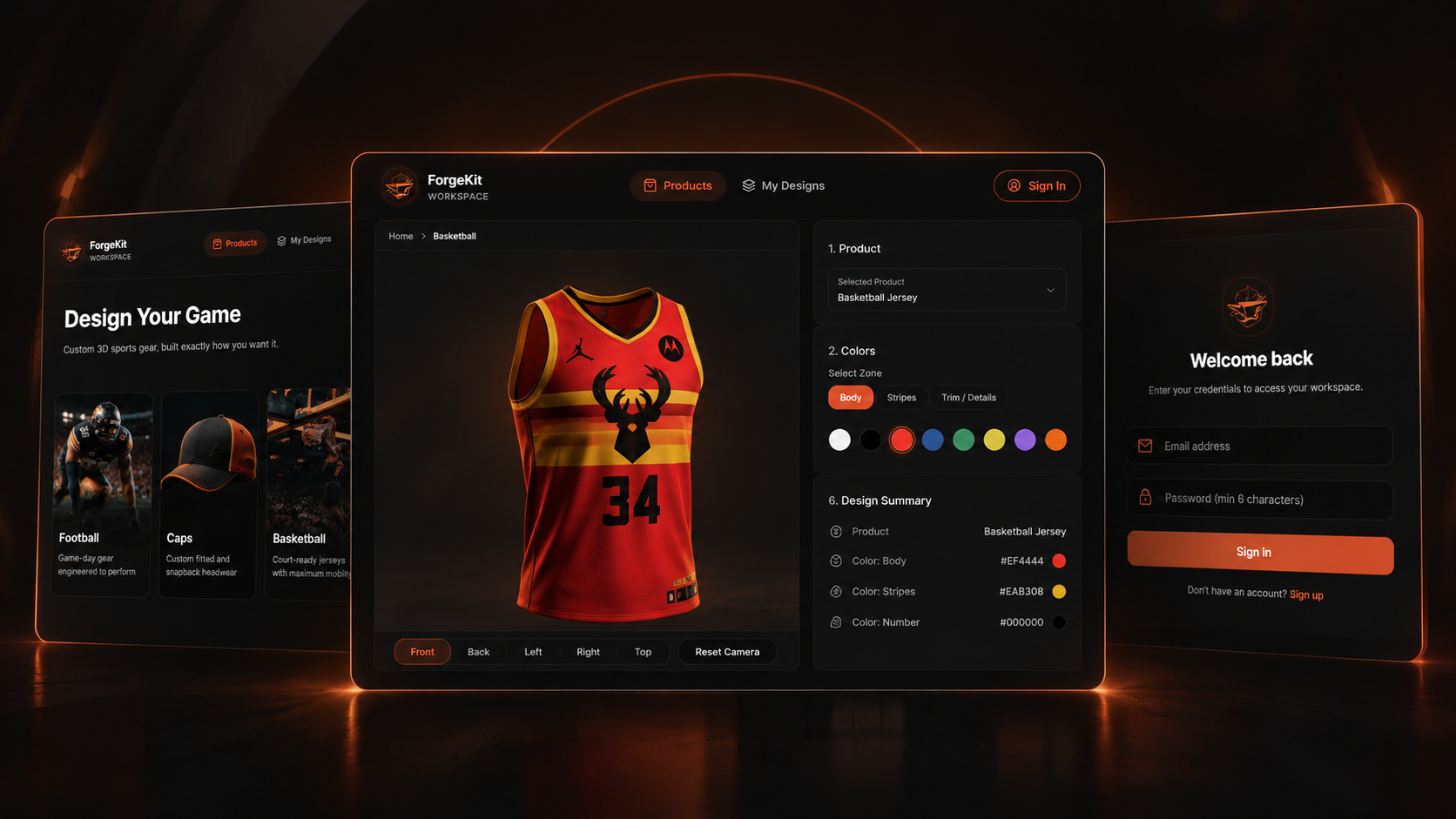 ForgeKit — A web-based 3D product customizer built on Three.js and React Three Fiber that enables real-time 360° sportswear design (jerseys, caps), dynamic decal and text placement, persistent JSON design state, and instant quote submission.